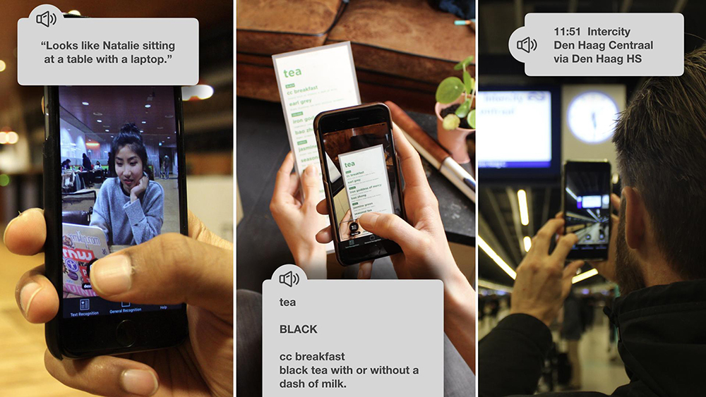 Afbeelding: visueel beperkte gebruikt app op het treinstation.